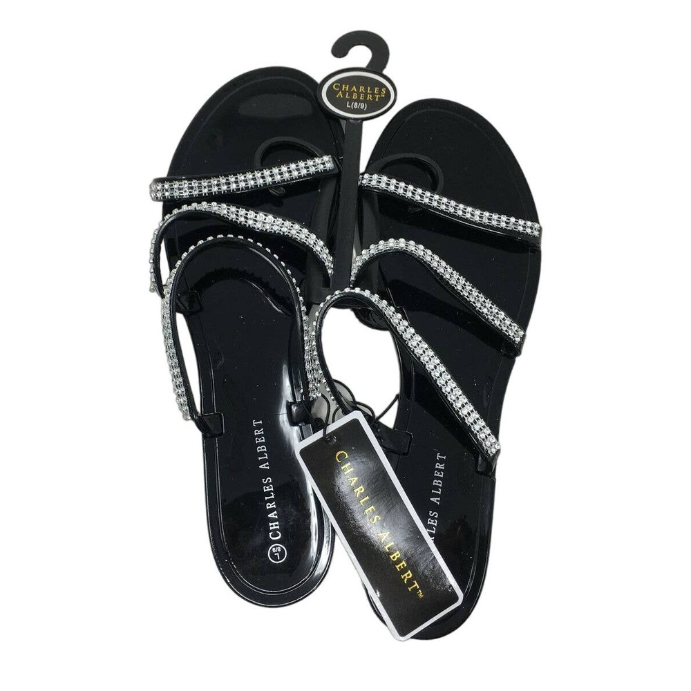 Charles Albert Slide-On Sandals W/Rhinestone Straps - Women's Size 8/9- Black